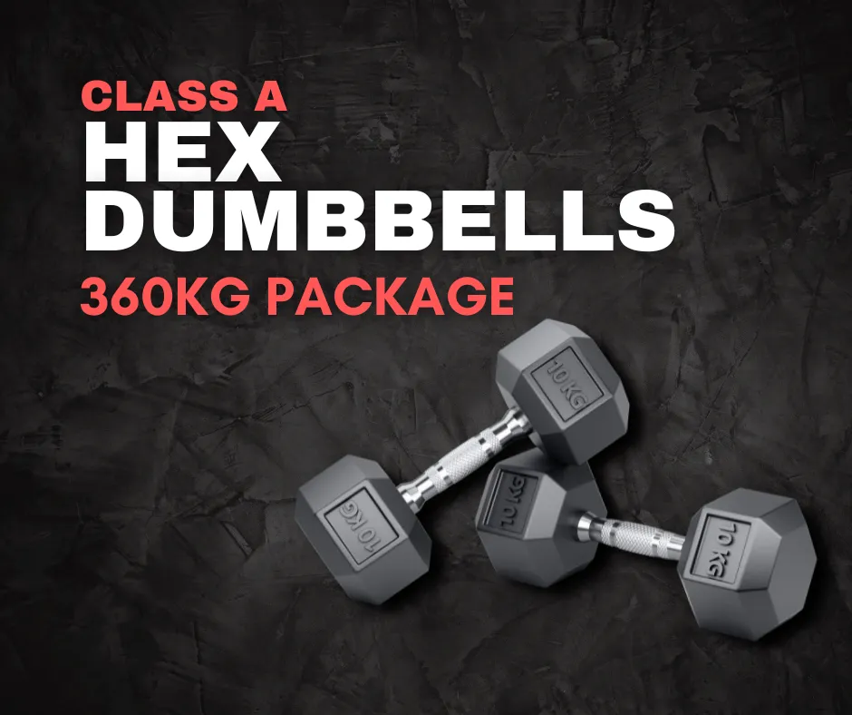 PACKAGE DEAL - "Class A" Commercial-Grade Rubber Hex Dumbbell Pack - 360KGS