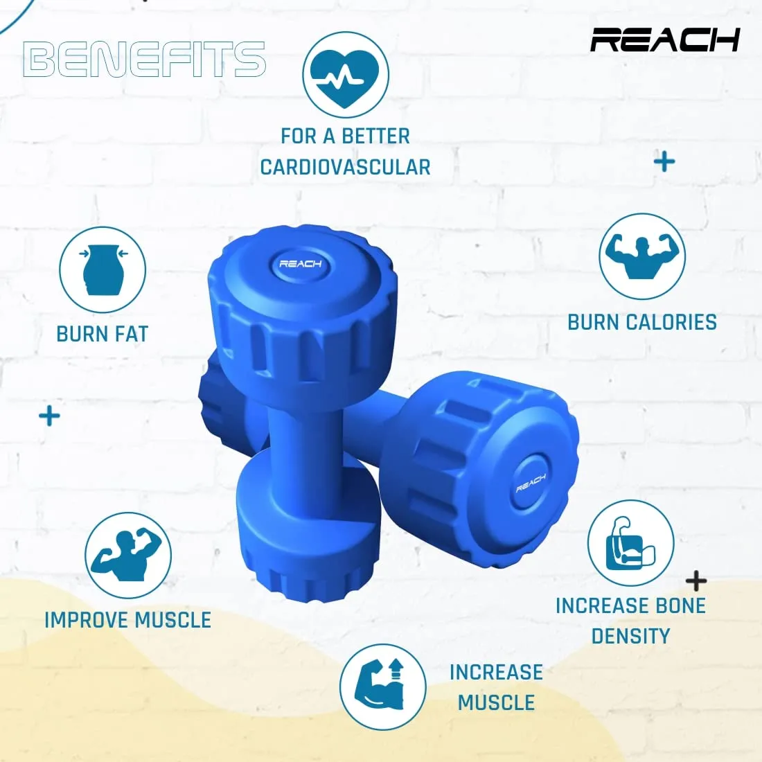 Reach PVC Dumbbell Set Weights| Pack of 2 For Strength Training Home Gym Fitness & Full Body Workout | Easy Grip & Anti- slip Dumbbell for Weight loss (1kg, Blue)