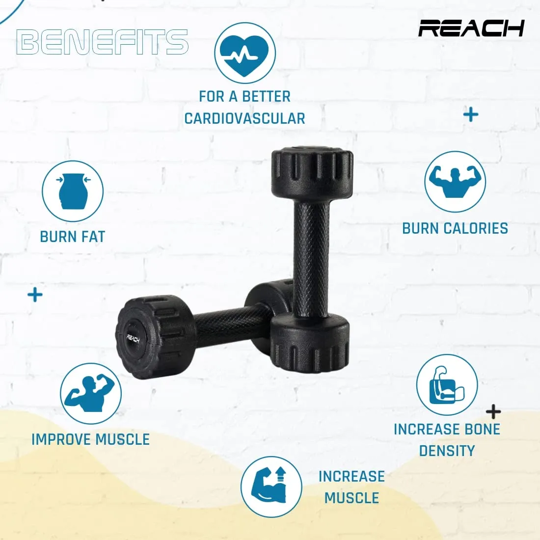 Reach PVC Dumbbell Set Weights| Pack of 2 For Strength Training Home Gym Fitness & Full Body Workout | Easy Grip & Anti- slip Dumbbell for Weight loss (2kg, Black)