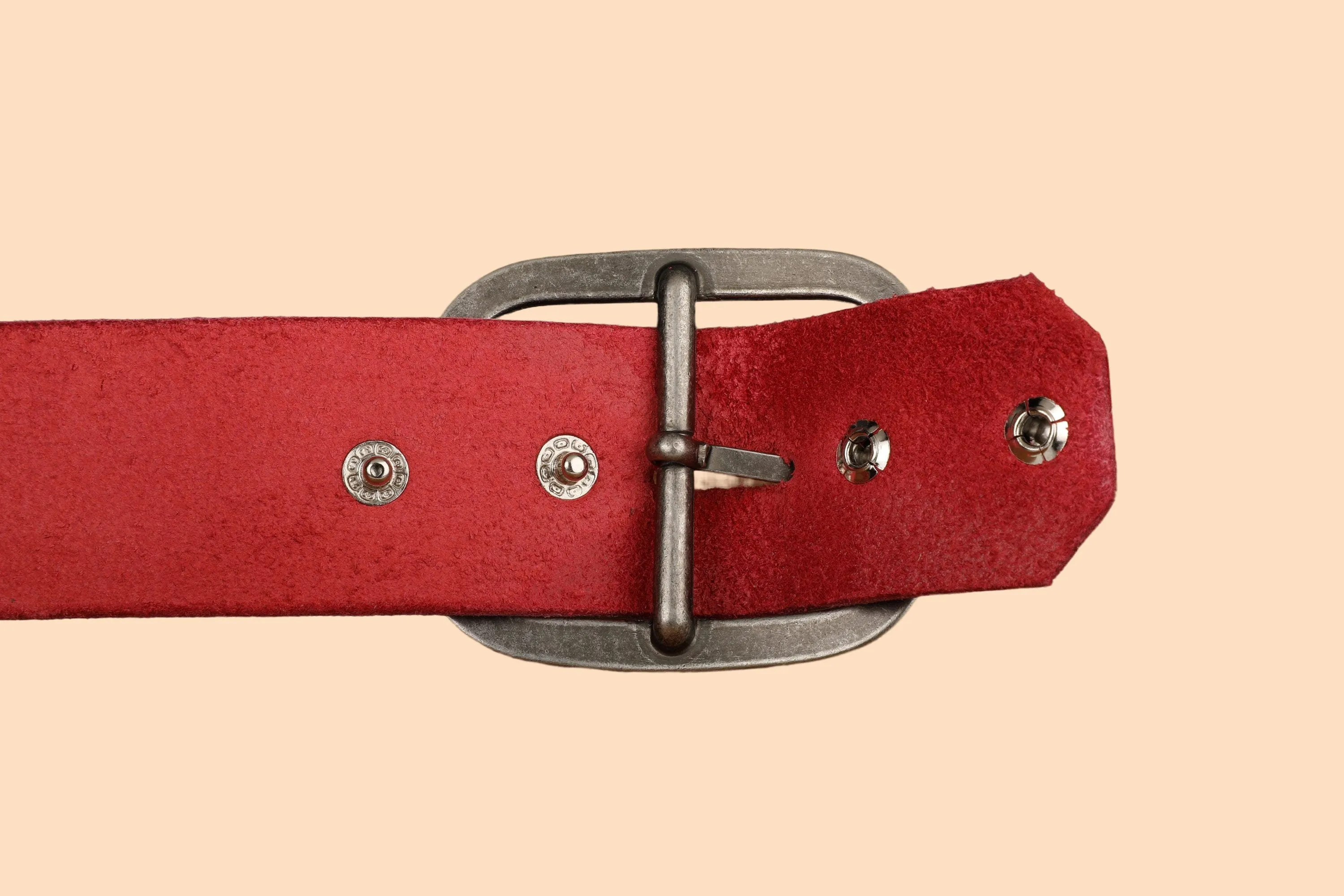 Red Leather Belt - Snap Closure - Handmade in USA - Wide Antique Silver Tone Nickel Buckle