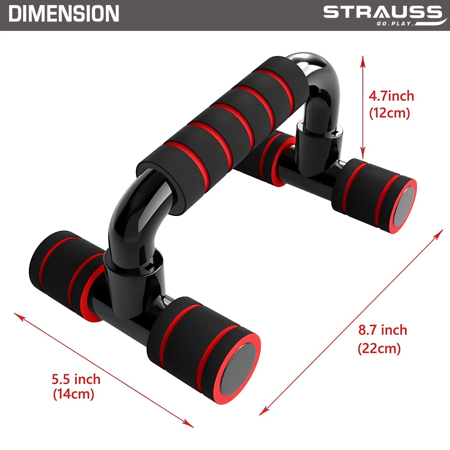 Strauss Moto Push-Up Bar, Pair | Non-Slip, Sturdy Exercise Equipment for Home or Gym Workout | Ideal for Upper Body Strength Training, Muscle Building, Push-Ups & Planks | Portable Gym Equipment,(Red)