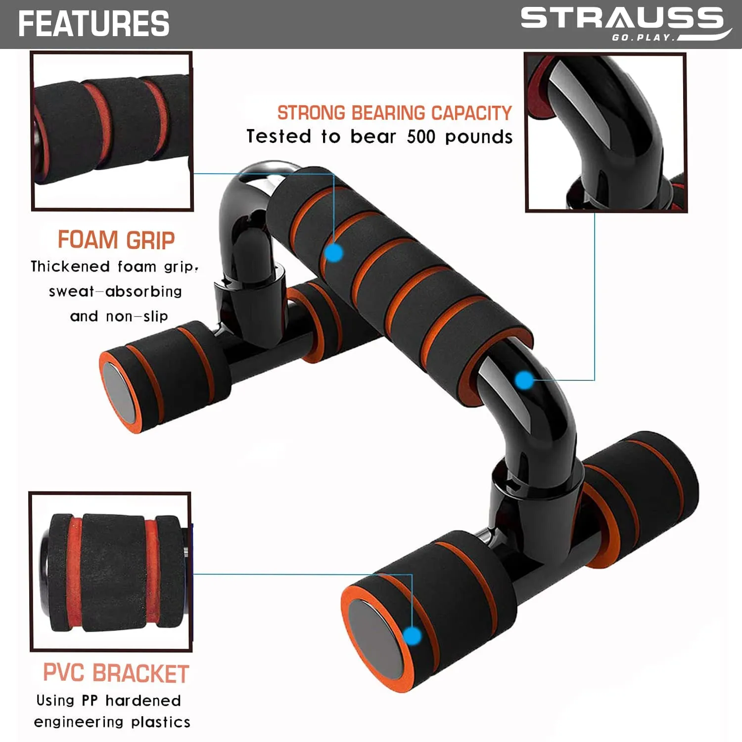 Strauss Moto Push-Up Bar, Pair|Non-Slip,Sturdy Exercise Equipment for Home or Gym Workout|Ideal for Upper Body Strength Training,Muscle Building,Push-Ups & Planks|Portable Gym Equipment,(Black/Orange)