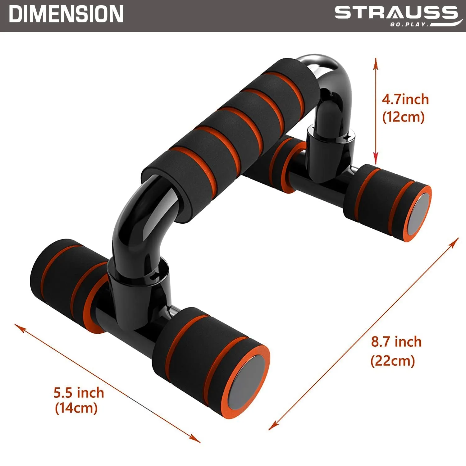 Strauss Moto Push-Up Bar, Pair|Non-Slip,Sturdy Exercise Equipment for Home or Gym Workout|Ideal for Upper Body Strength Training,Muscle Building,Push-Ups & Planks|Portable Gym Equipment,(Black/Orange)