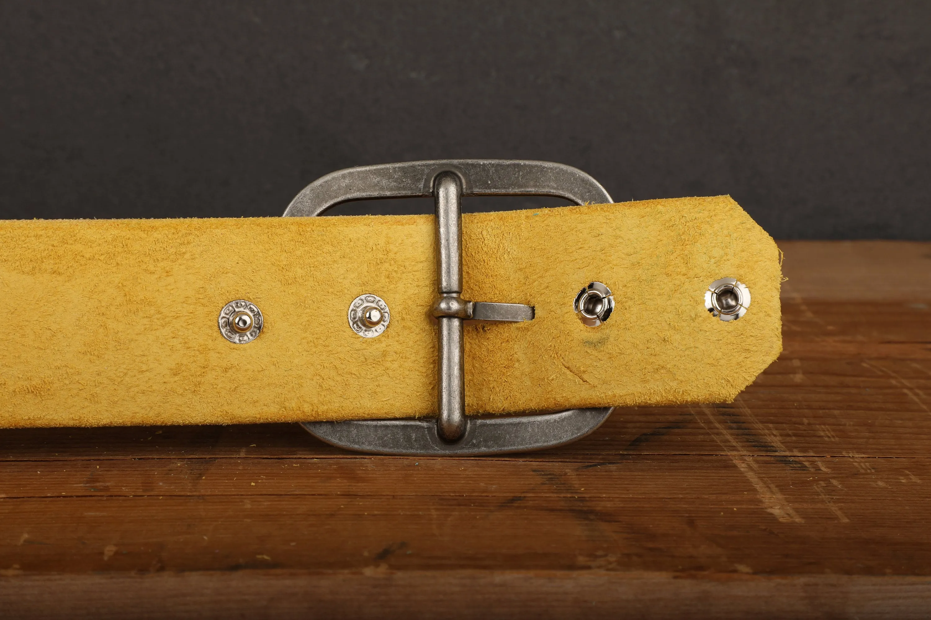 Yellow Leather Belt Snap Closure - Handmade in USA - Unisex Wide Antique Gold Tone Brass Buckle